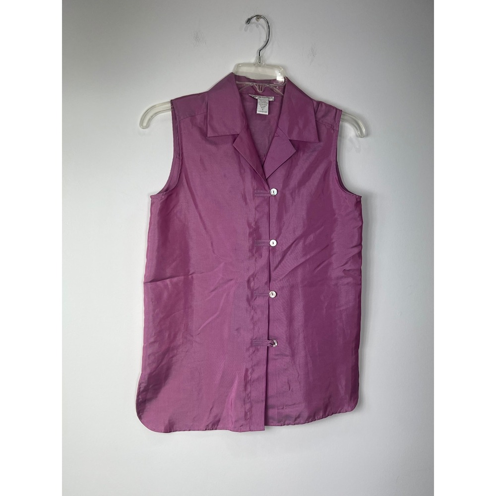 Annie Alexander Silk Blend Sleeveless Blouse Purple Abalone Button Minimal